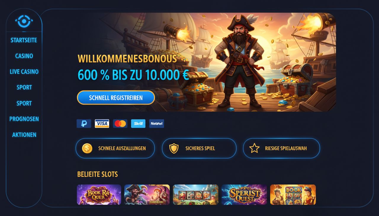 Beispielhafte Startseite eines Online Casinos mit Bonusbanner, Menüleiste und Slot-Übersicht