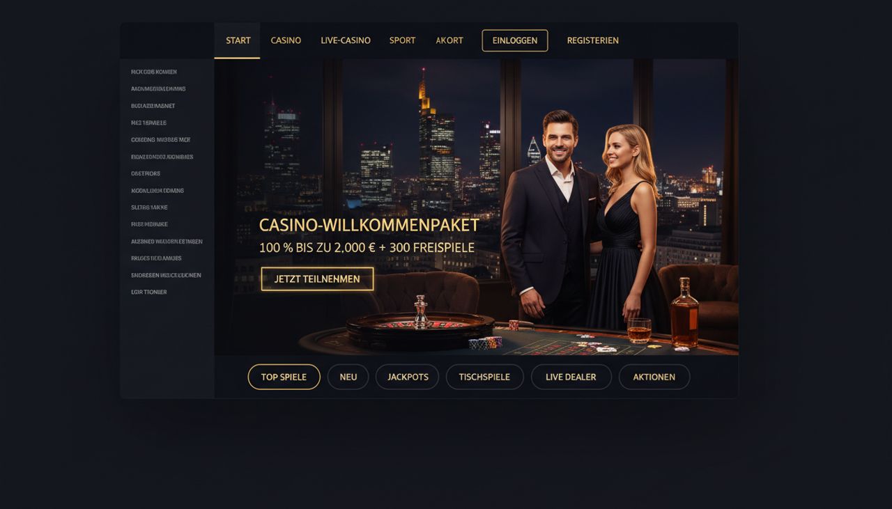 Startseite von TowerCasino mit Menü, Casino-Bereichen und Willkommensangebot