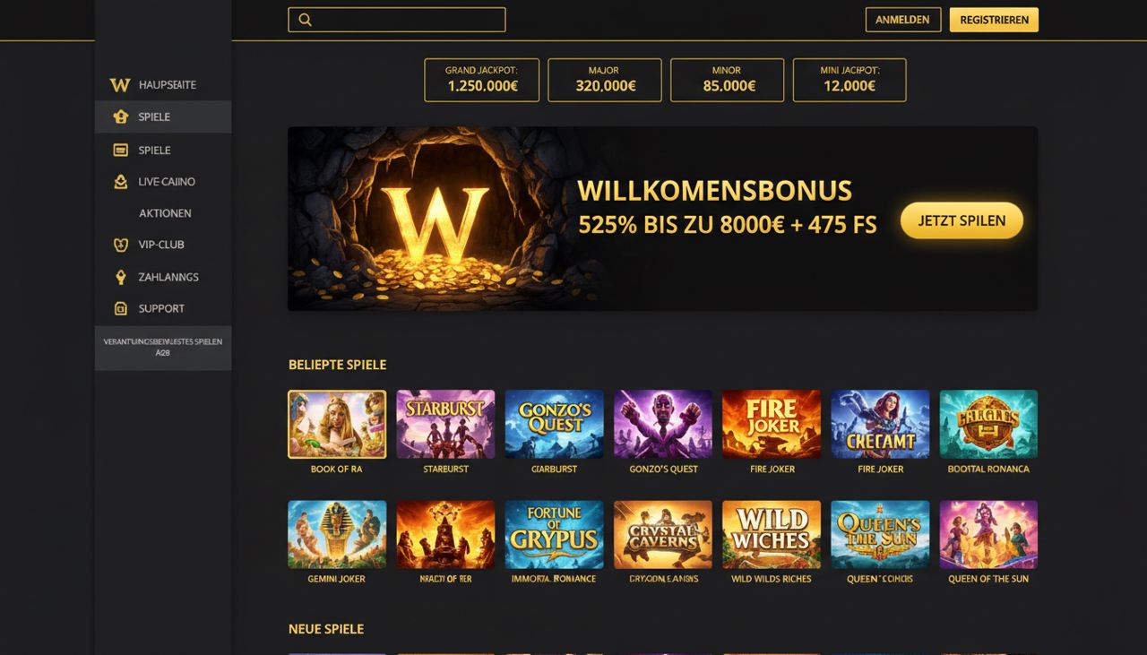 Startseite von Winhero mit Willkommensbonus-Banner, Jackpot-Kacheln und Spielauswahl