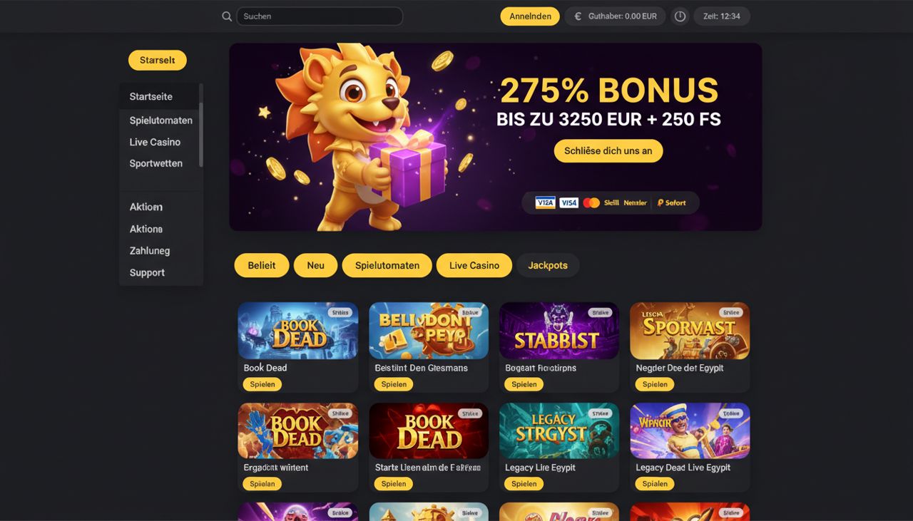 Startseite von Zoome Casino mit Bonusbanner, Spielekategorien und Buttons für Anmeldung und Registrierung